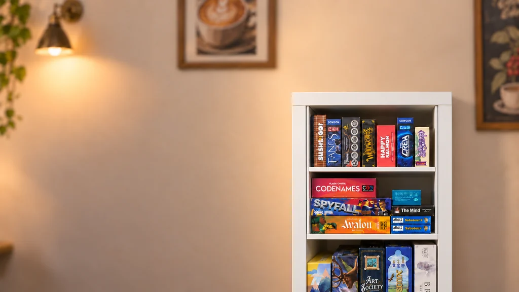 Curated board games on a café shelf.